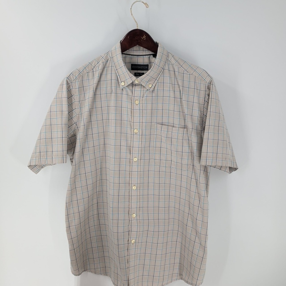 Covington Short Sleeve Plaid Classic Button-Down Shirt Beige Gray‎ Size L